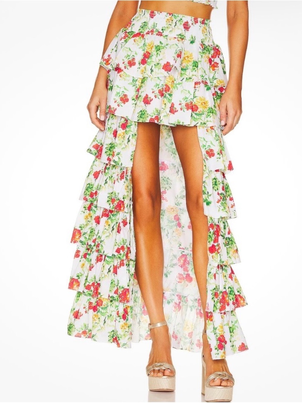 Caroline Constas White Floral High-Low Ruffle Maxi Skirt